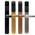 Vier elektronische Türschlösser mit PIN-Code in Schwarz, Gold, Bronze und Silber – Modell Hotel-CODE-SLIM