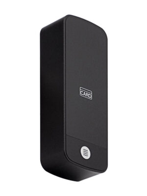 Zutrittskontrollgerät COMPACT MINI als schwarzer Wandleser mit Kartensymbol und Mikrofonloch