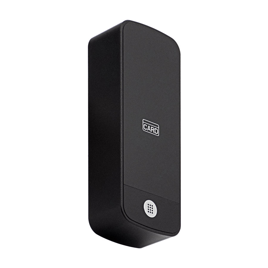 Zutrittskontrollgerät COMPACT MINI als schwarzer Wandleser mit Kartensymbol und Mikrofonloch
