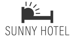 Logo von Sunny Hotel mit stilisiertem Bett und Sonnenaufgang